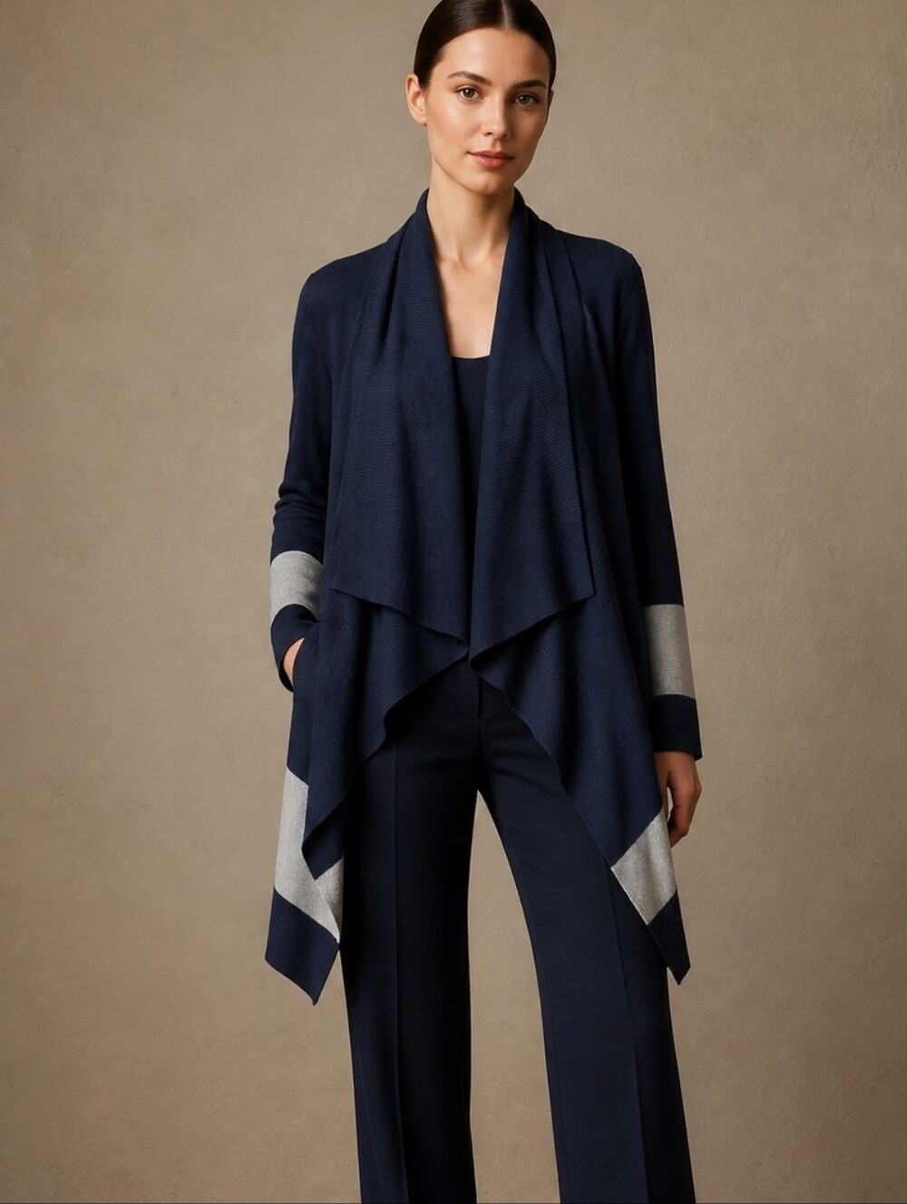 Lauren Ralph Lauren Navy Cotton Blend Draped Open-Front Blocked Cardigan